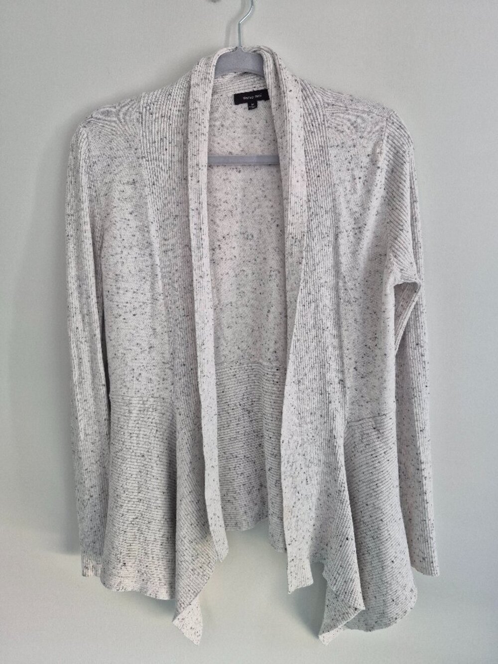 Verve Amí Light Gray Speckled Open‑Front Cardigan – Soft Ribbed Knit – Size M